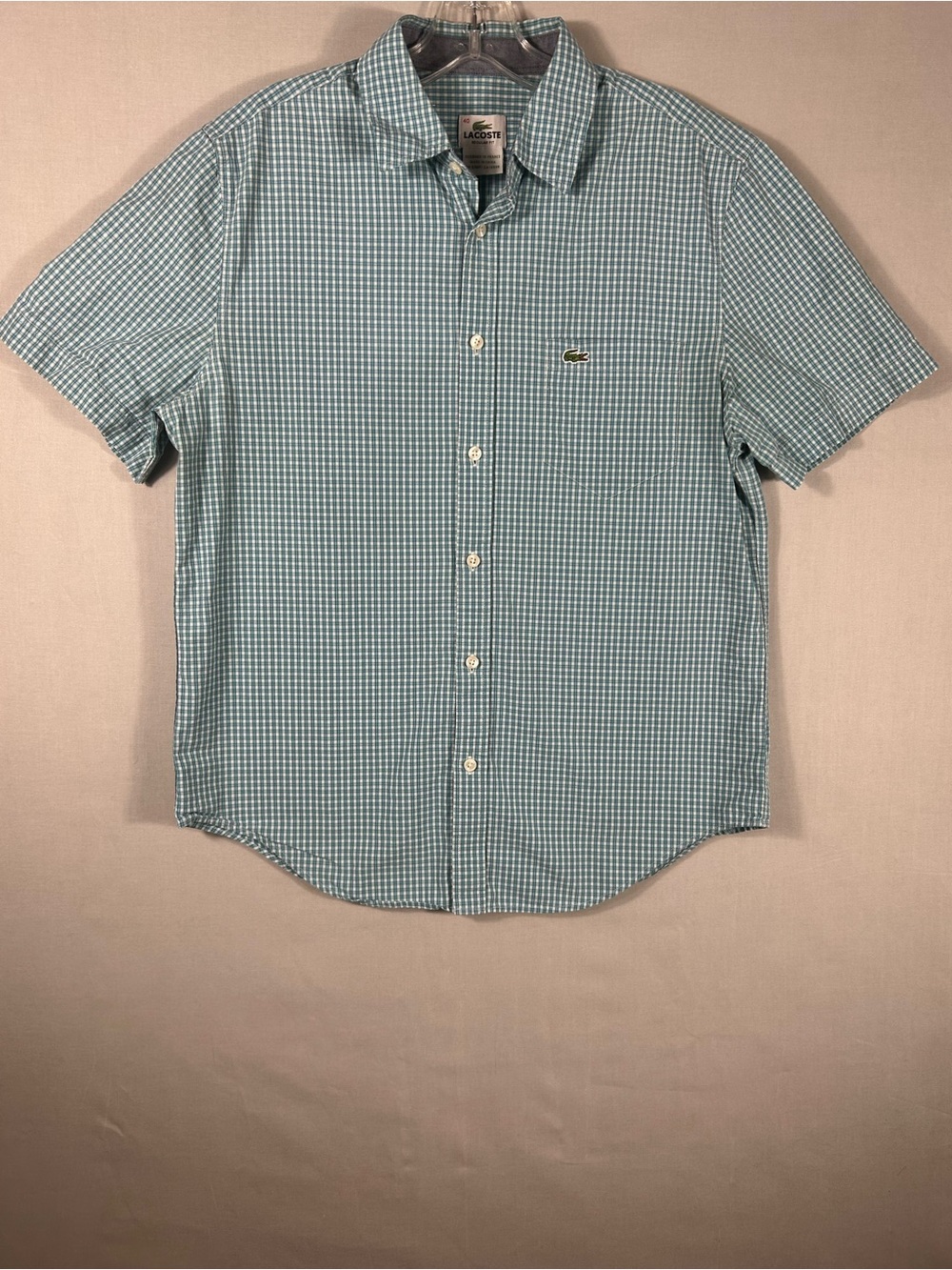 Lacoste Shirt Mens 40 Medium Teal Gingham Short Sleeve Button Down Logo Preppy